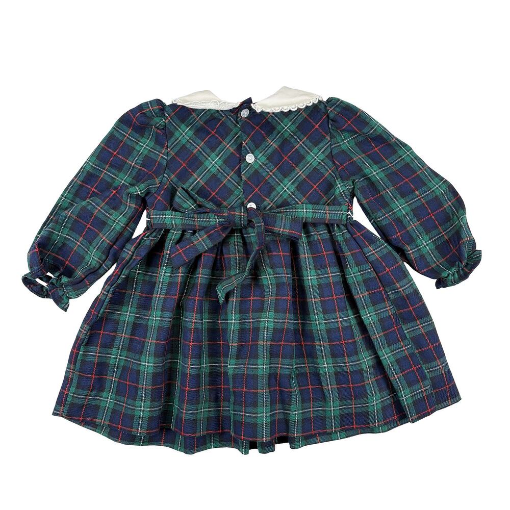 VTG Baby Togs Smocked Plaid Dress Toddler Girls 24M Green Navy Holiday Photos - Picture 3 of 11